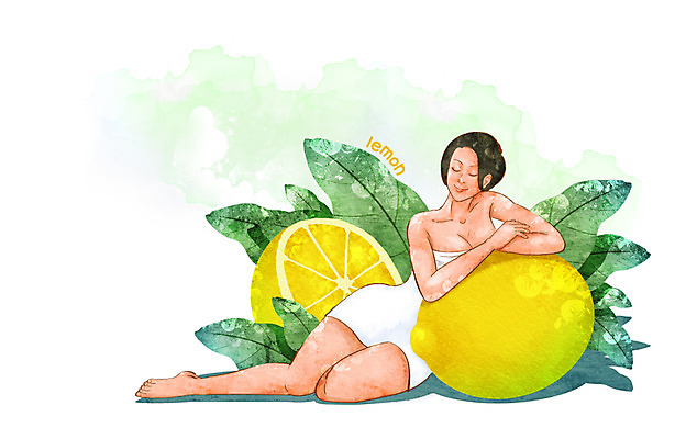 전신 PSD 식물 웰빙 여자 열매 잎 과일 일러스트 한명 사람 앉기 성인 농작물 기댐 가운 목욕가운 레몬 친환경 유기농 여자만 여자한명만 성인여자만 성인만 국내일러스트 1 옷 농업 모션 환경 파일형식