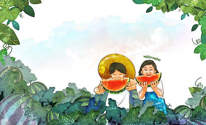 PSD 식물 모자 웰빙 여자 열매 남자 어린이 음식 잎 밭 채소 과일 일러스트 하늘 수박 들기 사람 앉기 소녀 소년 상반신 두명 친구 농작물 농장 먹기 친환경 유기농 수박밭 어린이만 국내일러스트 잡화 농업 관계 모션 환경 파일형식