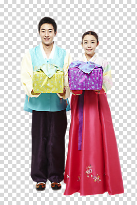 전신 편집이미지 한국문화 한국전통 전통 라이프스타일 부부 커플 여자 명절 남자 전통문화 포장 새해 한국 선물 서기 미소 웃음 들기 사람 동양인 20대 성인 두명 앞모습 선물상자 상자 설날 추석 한국인 보자기 전통의상 한복 PNG 새해선물 추석선물 청년만 성인만 편집소스 설선물 동양문화 기념일 아시아 문화 뷰포인트 관계 모션 표정 인종 청년 생활 파일형식 천_직물 명절선물