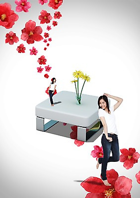 전신 PSD 외국인 식물 편집 편집이미지 여자 꽃 탁자 서기 미소 웃음 사람 성인 두명 그래픽 뷰티 3D 꽃병 입체 여자만 성인여자만 성인만 편집3D 가구 모션 표정 인종 디지털합성 파일형식