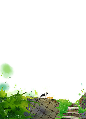 PSD 식물 동물 벽 백그라운드 두마리 일러스트 자연 페인터 돌담 풍경 사람없음 담장 계단 고양이 풀 자연백그라운드 페인터배경 국내일러스트 2 포유류 페인팅 반려동물 돌_바위 생태계 파일형식