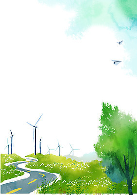 PSD 나무 식물 시설물 도로 길 백그라운드 일러스트 자연 페인터 하늘 풍경 사람없음 풍차 발전기 풀 풍력에너지 종이비행기 풍력발전소 자연백그라운드 페인터배경 차선_도로 국내일러스트 건축물 교통시설 페인팅 발전소 그린에너지 생태계 종이접기 파일형식