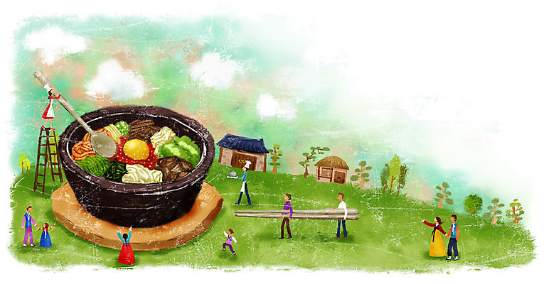 PSD 나무 여자 남자 문화 어린이 예술 일러스트 사다리 젓가락 하늘 밥 한옥 사람 잔디 여러명 성인 숟가락 전통음식 한복 비빔밥 돌솥 소인 국내일러스트 식물 한국전통 전통 한식 음식 다수 고건축 수저 도구 전통의상 파일형식