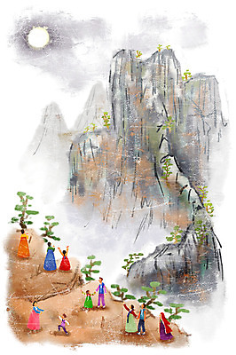 PSD 나무 여자 남자 문화 어린이 예술 일러스트 서기 사람 여러명 성인 보름달 달 한복 언덕 소원 소인 국내일러스트 자연요소 식물 한국전통 다수 모션 전통의상 파일형식