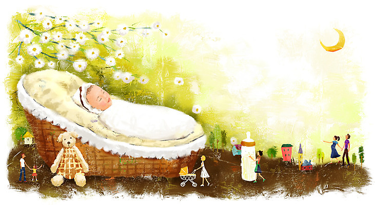 PSD 나무 여자 남자 꽃 문화 예술 인형 일러스트 사람 여러명 성인 곰인형 달 아기 잠 젖병 소인 요람 국내일러스트 자연요소 식물 다수 아기용품 파일형식