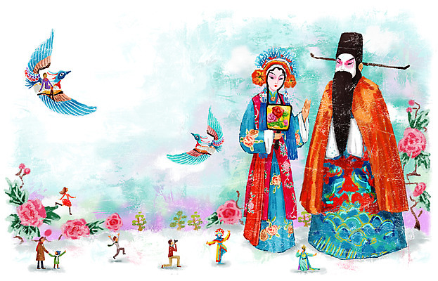 PSD 여자 남자 꽃 문화 어린이 예술 일러스트 조류 사람 여러명 성인 중국 전통의상 경극 소인 국내일러스트 식물 동물 전통 아시아 다수 파일형식