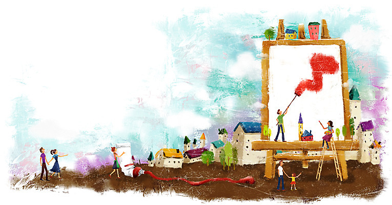 PSD 여자 남자 문화 어린이 예술 일러스트 사다리 사람 여러명 성인 건물 물감 붓 이젤 그림 소인 국내일러스트 건축물 다수 미술도구 도구 파일형식