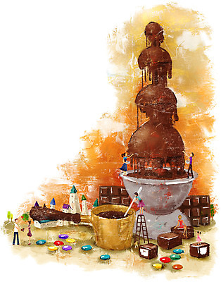 PSD 여자 남자 문화 예술 일러스트 사다리 발렌타인데이 사람 이벤트 여러명 성인 초콜릿 숟가락 냄비 분수 소인 분수_분수대 성인만 젓기 국내일러스트 다수 모션 데이이벤트 디저트 수저 도구 솥 분수대 파일형식