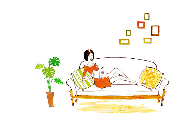 전신 PSD 식물 우먼라이프 라이프스타일 여자 패션 화분 액자 쿠션 의자 일러스트 휴식 한명 들기 사람 앉기 성인 취미 라이프 책 소파 독서 기댐 안식처 여자만 여자한명만 성인여자만 성인만 국내일러스트 1 가구 컨셉 모션 생활 파일형식