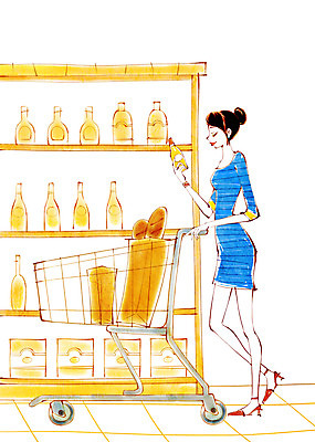 전신 PSD 우먼라이프 라이프스타일 여자 패션 빵 일러스트 봉투 한명 서기 들기 사람 성인 취미 라이프 쇼핑 카트 쇼핑카 병 바게트 상품 장바구니 진열장 여자만 여자한명만 성인여자만 성인만 국내일러스트 1 식기 음식 모션 생활 바구니 파일형식