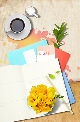 PSD 식물 편집이미지 배너 꽃 커피 음료 백그라운드 잎 안내 프레임 알림판 사람없음 필기구 연필 공책 봄 차 커피잔 찻잔 알림 이미지편집 계절 문구용품 학용품 잔 파일형식