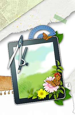 PSD 식물 동물 편집이미지 배너 꽃 종이 나비 곤충 백그라운드 잎 하늘 학용품 안내 프레임 알림판 사람없음 스마트기기 태블릿 봄 알림 컴파스 각도기 이미지편집 계절 문구용품 전자제품 파일형식