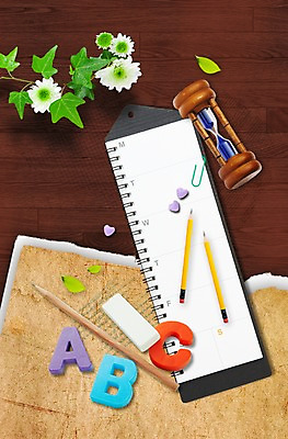 PSD 식물 편집이미지 배너 알파벳 꽃 백그라운드 잎 안내 프레임 알림판 사람없음 필기구 연필 다이어리 봄 알림 모래시계 지우개 클립 스케쥴러 이미지편집 영어 계절 모래 시계 문구용품 학용품 사무용품 파일형식