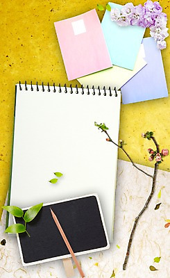 PSD 식물 편집이미지 배너 꽃 종이 백그라운드 잎 안내 프레임 알림판 사람없음 필기구 연필 공책 봄 나뭇가지 메모지 알림 이미지편집 나무 계절 문구용품 학용품 사무용품 파일형식