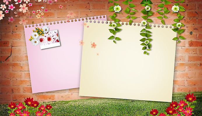 PSD 식물 편집이미지 배너 꽃 종이 벽 백그라운드 잎 안내 프레임 알림판 잔디 사람없음 담장 봄 풀 알림 스케치북 기념사진 이미지편집 계절 학용품 파일형식