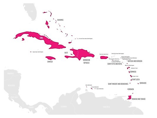 EPS 해외이미지 바다 분홍색 섬 지도 일러스트 지구본 라벨 미국 회색 만 이름 땅 윤곽 지역 쿠바 바하마 자메이카 지도책 지리 해외202004 해외일러스트 컬러 북아메리카 프레임 책 중앙아메리카 파일형식 벡터 이미지허브
