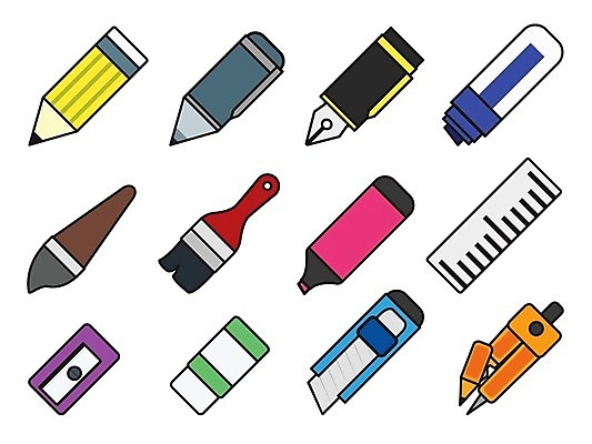 EPS 해외이미지 분홍색 오렌지 일러스트 자 빨간색 파란색 연필 펜 노란색 페인트 흰색 붓 서커스 심볼 지우개 미니 커터 해외202004 해외일러스트 컬러 과일 문구용품 학용품 필기구 파일형식 벡터 이미지허브