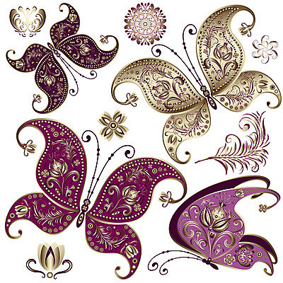 EPS 해외이미지 문양 나비 잎 꽃무늬 패턴 일러스트 사람없음 컬러풀 금색 화려 우아함 자주색 광택 해외일러스트 식물 꽃 컬러 곤충 컨셉 무늬 파일형식 벡터 이미지허브