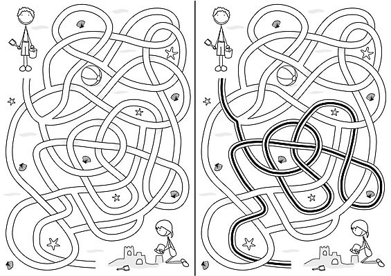 EPS 해외이미지 교육 길 어린이 모래 일러스트 소년 게임 퍼즐 만화 뇌 그림 미로 해결 구성 쉬운 해외202004 해외일러스트 남자 놀이 사람 파일형식 벡터 이미지허브