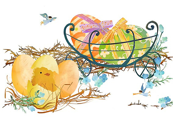 PSD 식물 동물 한마리 꽃 리본 기독교 종교 새끼 백그라운드 일러스트 천사 병아리 두명 바구니 알 나뭇가지 부활절계란 부활 부화 국내일러스트 나무 1 조류 부활절 사람 계란 파일형식