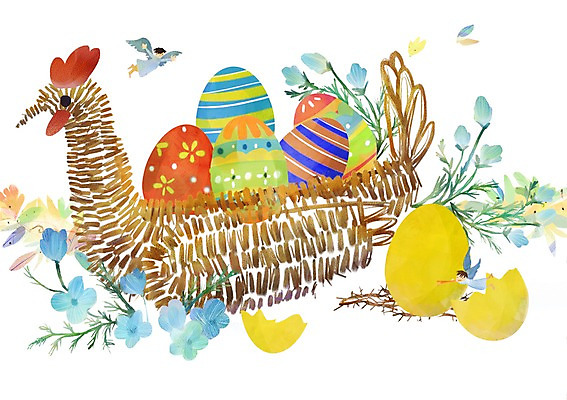 모양 PSD 식물 꽃 기독교 종교 백그라운드 일러스트 천사 두명 바구니 알 나뭇가지 닭 부활절계란 달걀바구니 국내일러스트 나무 조류 부활절 사람 계란 파일형식