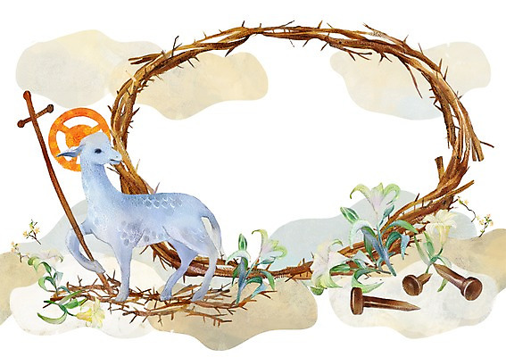 PSD 식물 동물 구름 한마리 꽃 기독교 종교 백그라운드 십자가 일러스트 하늘 부활절 사람없음 나뭇가지 양 못 가시면류관 국내일러스트 자연요소 나무 1 기념일 종교용품 포유류 공구 파일형식