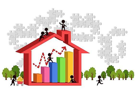 PSD 나무 식물 건축물 실루엣 화살표 일러스트 비즈니스 통계 수치 그래프 주택 그림자 여러명 피규어 비즈니스맨 퍼즐 막대그래프 퍼즐조각 상승 국내일러스트 남자 건축 조각 다수 컨셉 촬영기법 사람 건물 미니어처 직장인 파일형식