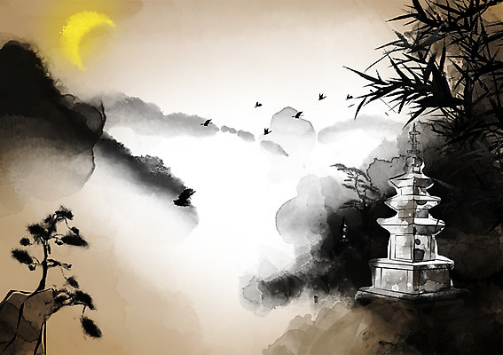 PSD 캘리배경 불교 일러스트 자연 조류 풍경 사람없음 달 추억 석탑 초승달 대나무 과거 산수화 국내일러스트 자연요소 나무 동물 종교 백그라운드 컨셉 탑 동양화 생태계 파일형식