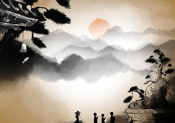 PSD 캘리배경 불교 일러스트 자연 산 풍경 태양 종 소나무 추억 불상 동자승 과거 처마 석등 산수화 경쇠 국내일러스트 자연요소 나무 종교 백그라운드 컨셉 승려 동양화 불교용품 생태계 파일형식