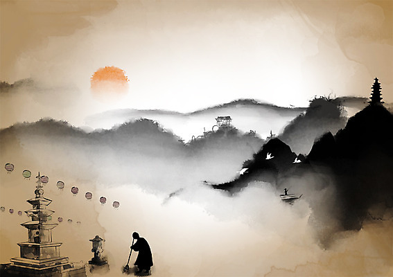 PSD 캘리배경 불교 일러스트 자연 조류 산 풍경 태양 추억 석탑 승려 청소 연등 과거 석등 산수화 국내일러스트 자연요소 동물 종교 백그라운드 컨셉 탑 등불 성직자 동양화 불교용품 생태계 파일형식