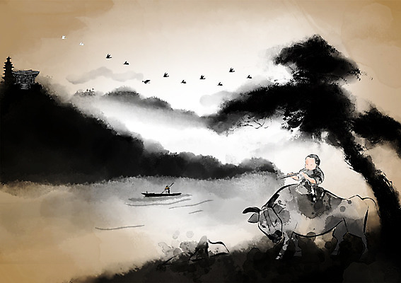 PSD 캘리배경 불교 일러스트 자연 조류 풍경 강 소나무 소 추억 나룻배 피리 동자승 과거 산수화 국내일러스트 나무 동물 종교 백그라운드 컨셉 배_교통 포유류 목관악기 승려 동양화 생태계 파일형식