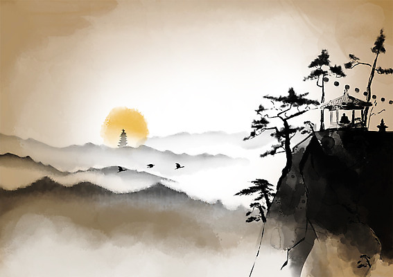 PSD 캘리배경 불교 일러스트 자연 조류 산 풍경 태양 절벽 소나무 추억 승려 정자 과거 수행 산수화 국내일러스트 자연요소 나무 동물 건축물 종교 백그라운드 컨셉 성직자 동양화 생태계 파일형식