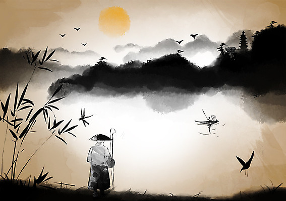 PSD 캘리배경 불교 일러스트 자연 조류 지팡이 산 풍경 강 태양 추억 나룻배 승려 대나무 과거 나루터 산수화 삿갓 국내일러스트 자연요소 나무 동물 모자_잡화 종교 백그라운드 컨셉 배_교통 전통소품 항구 성직자 동양화 생태계 파일형식