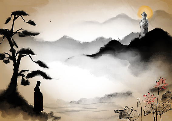 PSD 캘리배경 불교 일러스트 자연 산 연꽃 풍경 태양 소나무 추억 승려 불상 과거 산수화 국내일러스트 자연요소 나무 꽃 종교 백그라운드 컨셉 성직자 동양화 생태계 파일형식