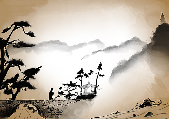 PSD 캘리배경 불교 일러스트 자연 산 풍경 소나무 개울 추억 승려 정자 과거 산수화 가교 국내일러스트 나무 건축물 종교 백그라운드 컨셉 강 성직자 동양화 생태계 파일형식
