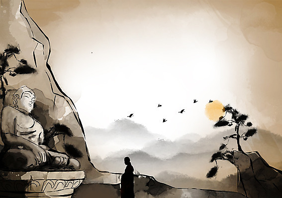 PSD 캘리배경 불교 일러스트 자연 조류 산 풍경 태양 절벽 돌_바위 바위 추억 승려 불상 과거 산수화 국내일러스트 자연요소 동물 종교 백그라운드 컨셉 성직자 동양화 생태계 파일형식