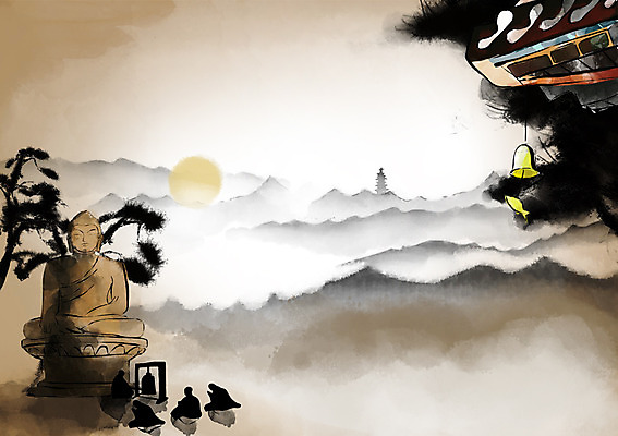 PSD 캘리배경 불교 일러스트 자연 산 풍경 태양 종 절 추억 승려 불상 과거 산수화 국내일러스트 자연요소 종교 백그라운드 컨셉 인사 성직자 동양화 생태계 파일형식