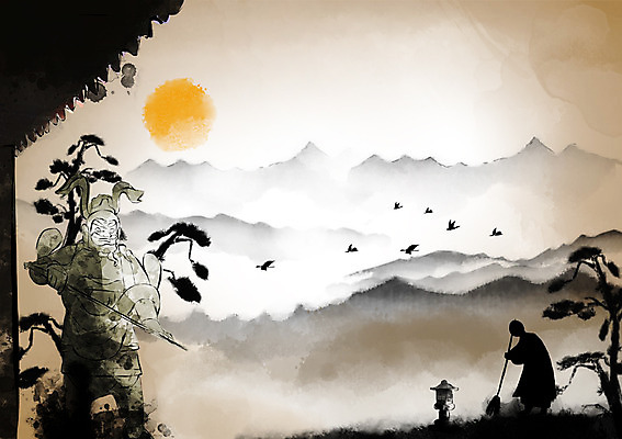 PSD 캘리배경 불교 일러스트 자연 조류 산 풍경 태양 사찰 추억 승려 과거 처마 산수화 국내일러스트 자연요소 동물 종교 백그라운드 컨셉 종교건축 성직자 동양화 생태계 파일형식