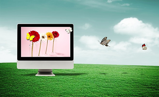 PSD 식물 동물 구름 편집이미지 꽃 나비 곤충 여러마리 하늘 프레임 그림자 잔디 사람없음 전자제품 스마트기기 디지털 스크린 모니터 스마트 아이맥 이미지편집 자연요소 다수 컨셉 컴퓨터 파일형식