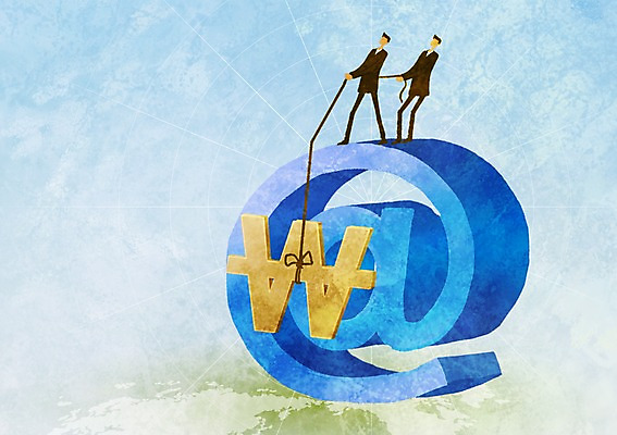 전신 PSD 기호 남자 밧줄 돈 일러스트 비즈니스 서기 사람 정장 성인 두명 금융 경제 직장인 비즈니스맨 원화 화폐기호 당기기 골뱅이기호 남자만 성인남자만 성인만 국내일러스트 직업 문자 옷 줄 모션 재산 화폐 파일형식