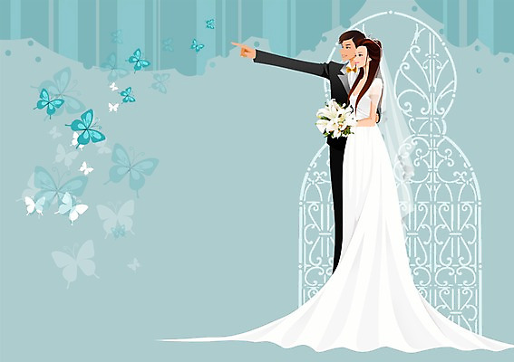 전신 PSD 동물 커플 응시 드레스 여자 남자 행복 신부 부케 웨딩드레스 나비 곤충 신랑 결혼 백그라운드 일러스트 사랑 서기 들기 사람 정장 턱시도 성인 두명 가리킴 성인만 국내일러스트 시선 옷 감정 꽃다발 관계 모션 손짓 이벤트 파일형식