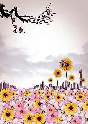 PSD 식물 동물 구름 편집이미지 건축물 계절 꽃 분홍색 컬러 나비 곤충 꽃밭 하늘 풍경 사람없음 건물 노란색 봄풍경 봄 나뭇가지 풀 이미지편집 자연요소 나무 건축 파일형식