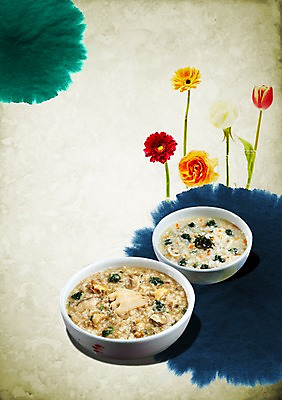 PSD 식물 편집 편집이미지 그릇 식기 꽃 포스터 음식 사람없음 식당 알림 전단 홍보물 음식전단 죽 야채죽 전복죽 이미지편집 상점 파일형식