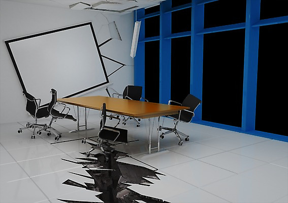 PSD 편집이미지 의자 비즈니스 창문 탁자 알림판 사람없음 그래픽 사무실 3D소스 3D 손상 틈 균열 입체 회의실 화이트보드 미팅룸 붕괴 지진 편집소스 편집3D 가구 컨셉 모션 자연재해 디지털합성 파일형식