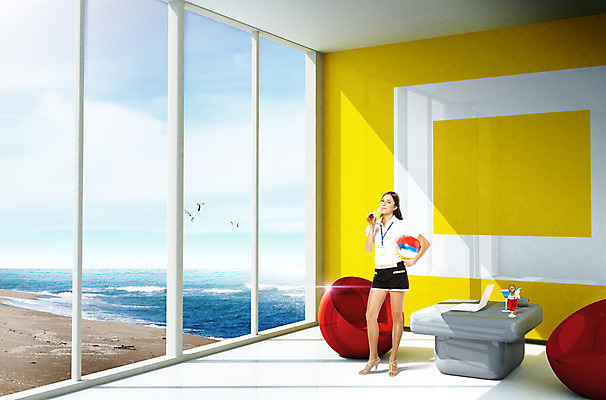 전신 PSD 서양인 외국인 편집이미지 여자 바다 창문 탁자 휴가 실내 한명 서기 사람 해변 인테리어 소파 3D 비치볼 여자만 여자한명만 편집3D 1 디자인 가구 의자 공 모션 바캉스용품 인종 내부 디지털합성 파일형식