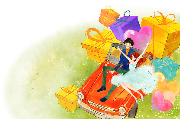 전신 PSD 커플 여자 남자 데이트 일러스트 함께함 선물 사랑 사람 앉기 동양인 20대 성인 두명 선물상자 하트 오픈카 청년만 성인만 국내일러스트 모양 감정 컨셉 관계 모션 승용차 인종 청년 상자 파일형식