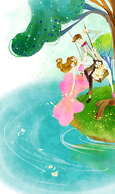 전신 PSD 나무 커플 여자 남자 꽃잎 꽃 호수 데이트 일러스트 함께함 사랑 사람 앉기 동양인 20대 성인 두명 뿌리기 그네 청년만 성인만 국내일러스트 식물 감정 컨셉 관계 모션 인종 청년 파일형식