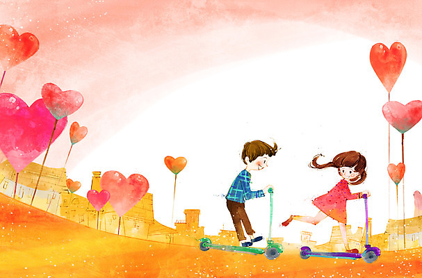 전신 PSD 커플 여자 남자 어린이 데이트 일러스트 함께함 사랑 사람 동양인 소녀 소년 두명 마을 산책 하트 승차 퀵보드 어린이만 국내일러스트 모양 감정 교통수단 컨셉 관계 모션 휴식 인종 파일형식