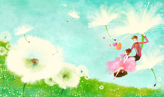 전신 PSD 커플 여자 남자 꽃 데이트 일러스트 함께함 사랑 사람 앉기 동양인 20대 성인 두명 하트 승차 민들레 뿌리기 언덕 민들레홀씨 청년만 성인만 국내일러스트 모양 식물 감정 컨셉 관계 모션 인종 청년 파일형식