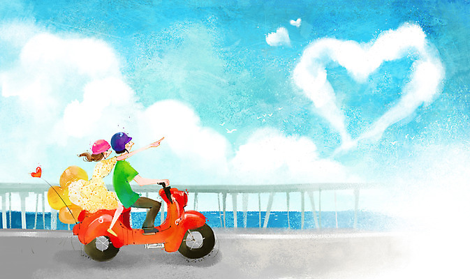 전신 PSD 구름 커플 여자 남자 데이트 일러스트 하늘 함께함 사랑 사람 앉기 동양인 20대 성인 해변 두명 달리기 스쿠터 하트 승차 해안도로 청년만 성인만 국내일러스트 자연요소 모양 감정 도로 바다 컨셉 관계 모션 인종 청년 오토바이 파일형식